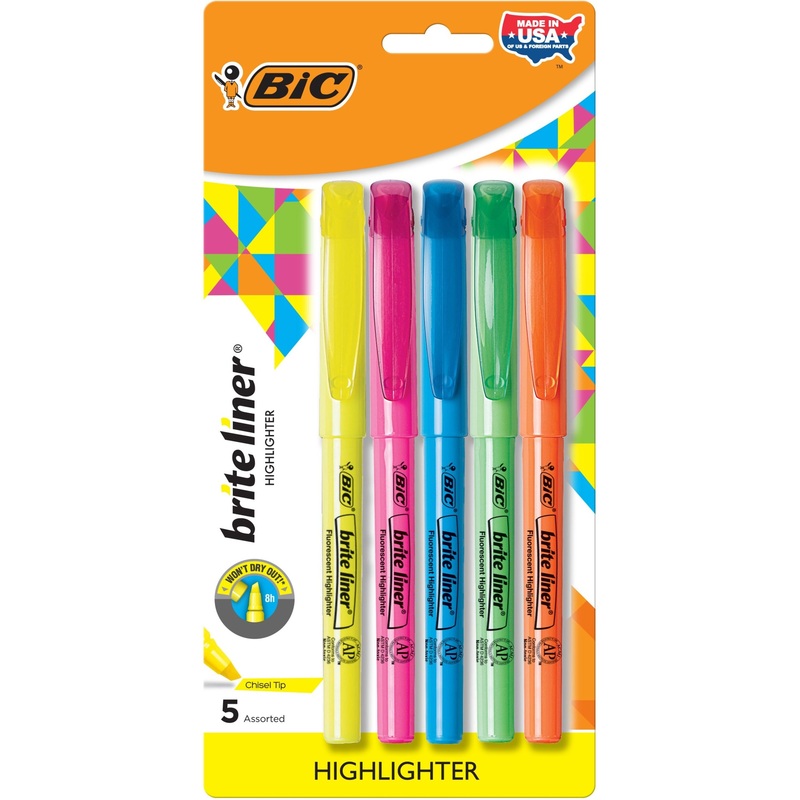 BIC Brite Liner Grip Highlighters, Assorted, 5 Pack – BICGBLP51ASST
