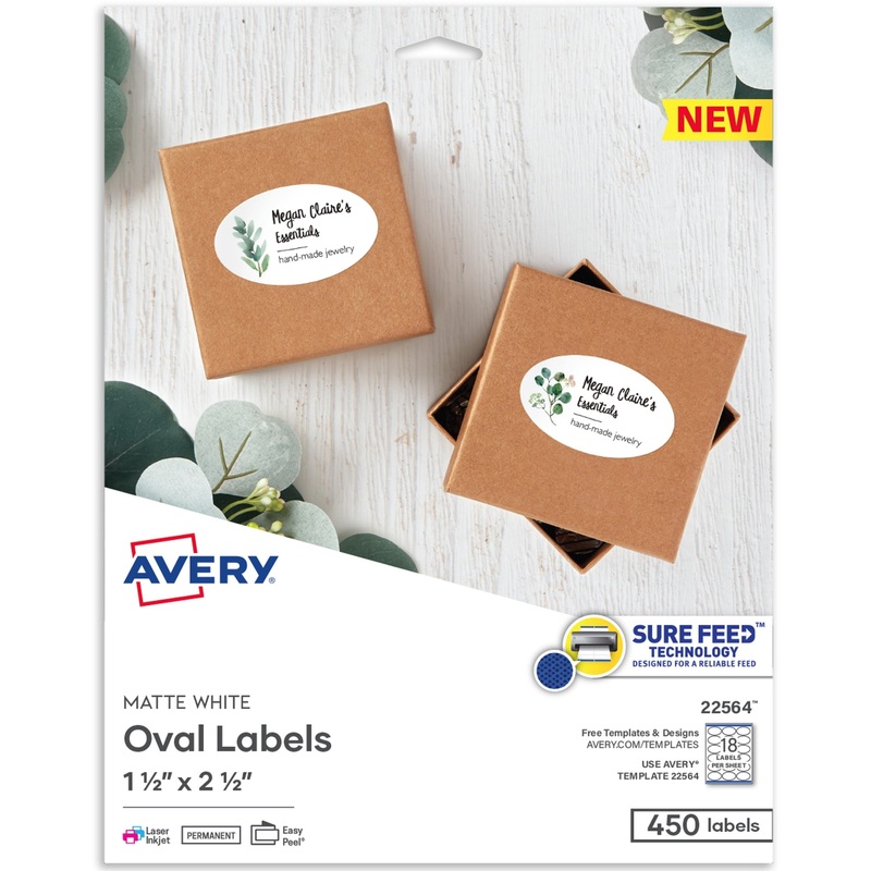 Avery Easy Peel Oval Labels, 22564, 2-1/2W x 1-1/2D, White, Pack Of 450 – AVE22564
