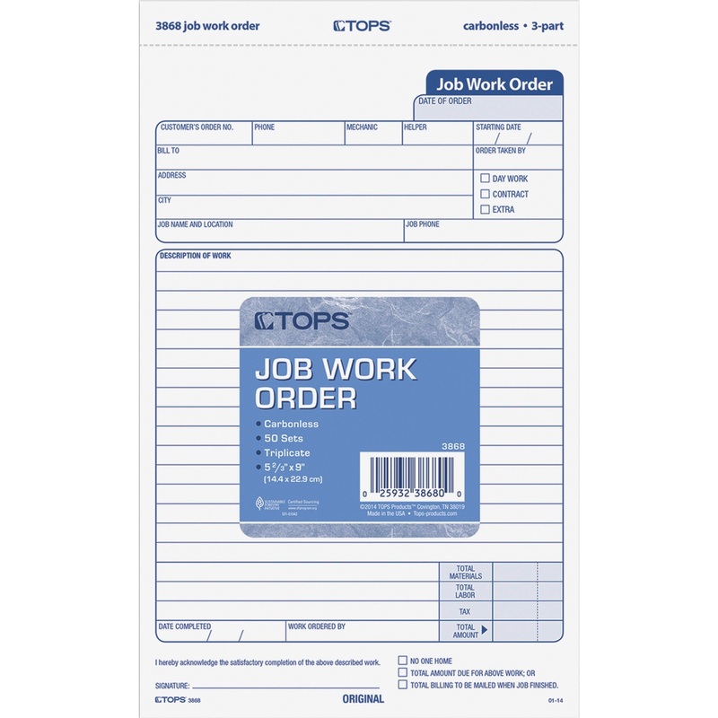 TOPS Carbonless 3-Part Job Work Order Forms – TOP3868