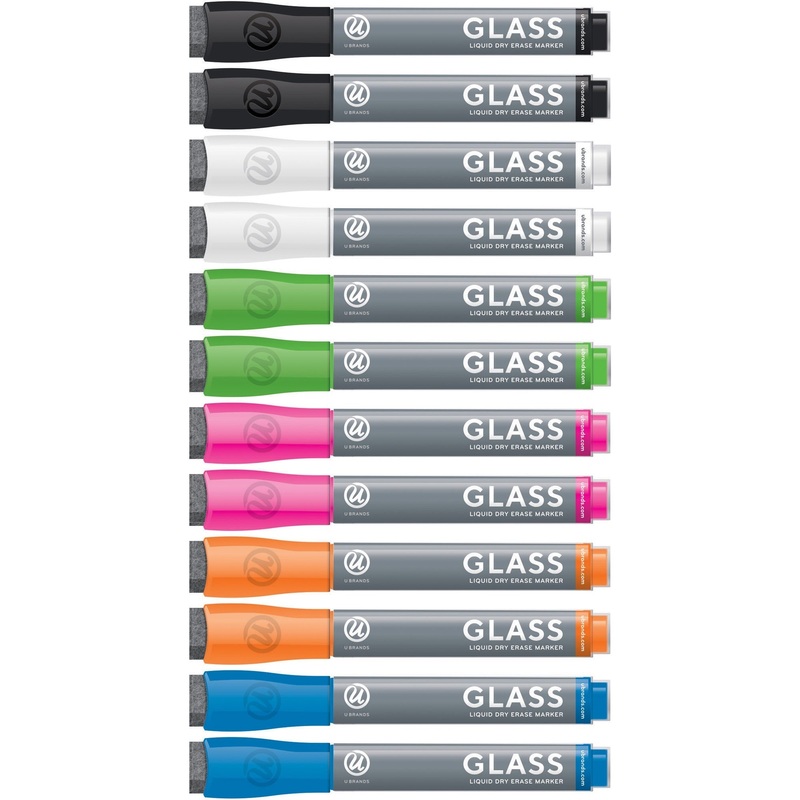 U Brands Liquid Glass Board Dry Erase Markers with Erasers, Low Odor, Bullet Tip, Assorted Colors, 12-Count – 2913U00-12 – UBR2913U0012