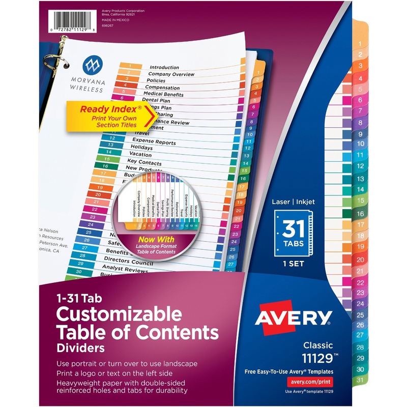 Avery Ready Index 1-31 Tab Custom TOC Dividers – AVE11129