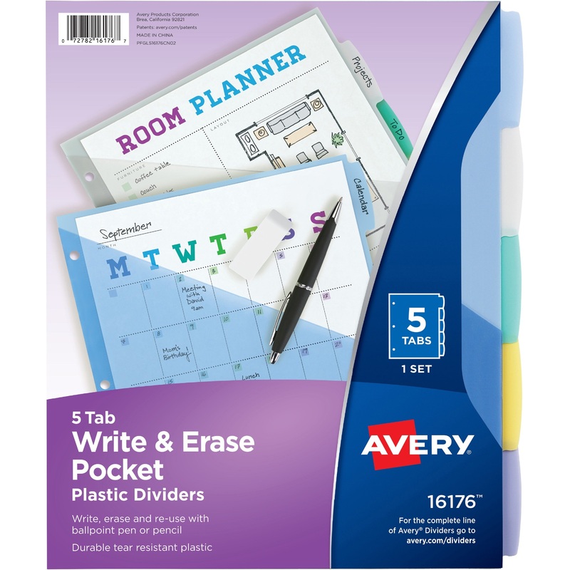 Avery Write & Erase Durable Plastic Dividers w/Pockets, 5-tab, Multicolor – AVE16176