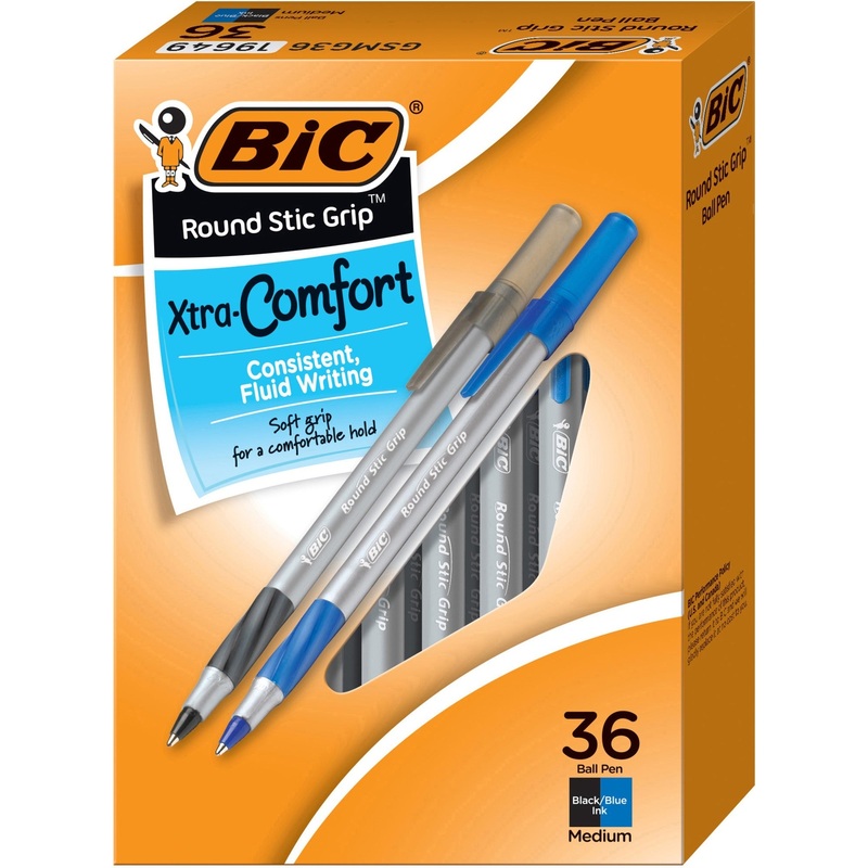BIC Round Stic Grip Xtra-Comfort Medium Ball Point Pen, Assorted, 36 Pack – BICGSMG361AST