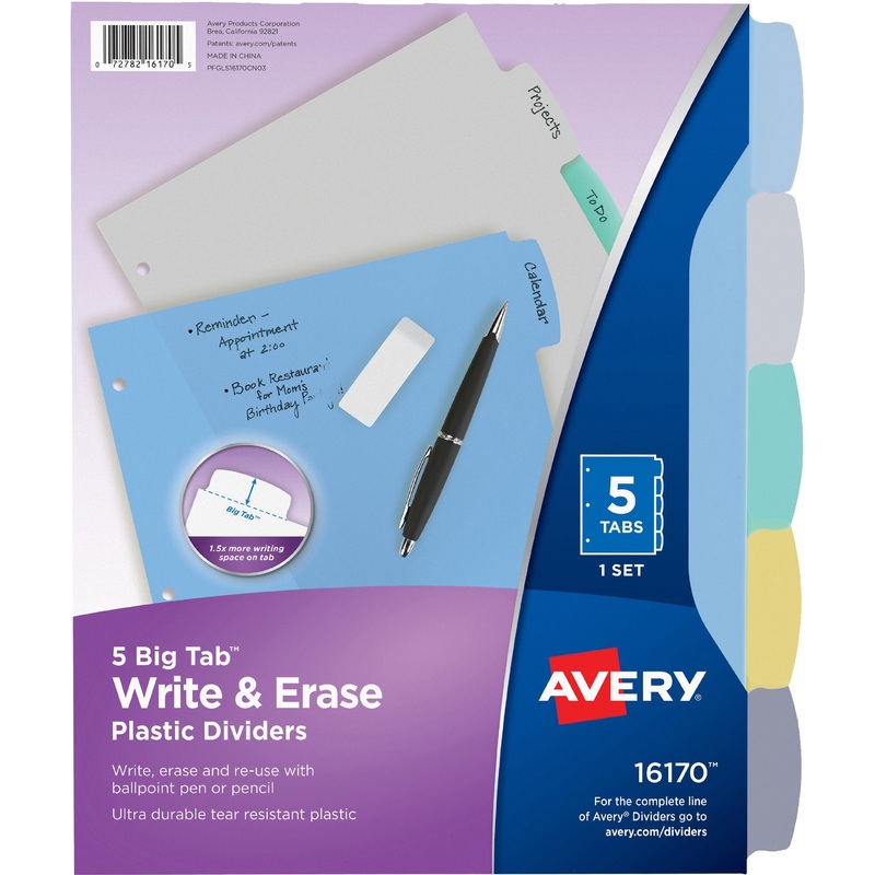 Avery Big Tab Write & Erase Durable Dividers, 5 Multicolor Tabs – AVE16170