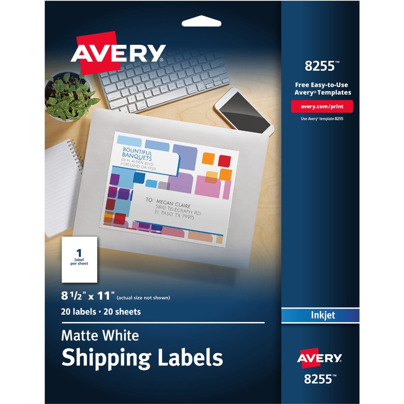 Avery White Shipping Labels, 8-1/2 x 11 , 20 Labels (8255) – AVE8255