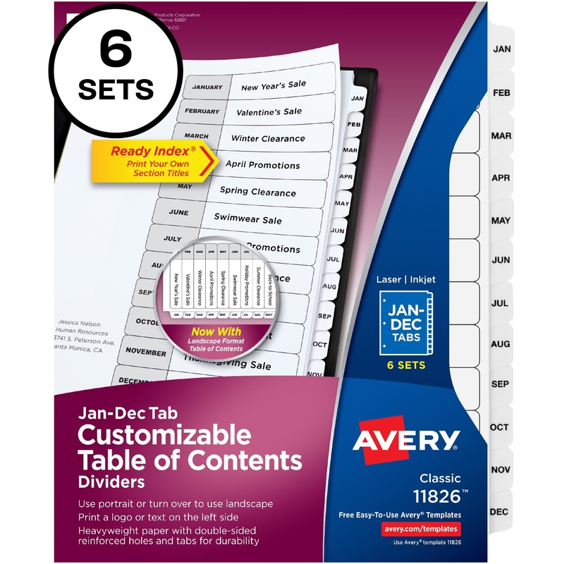 Avery Monthly Tab Table of Contents Dividers – AVE11826