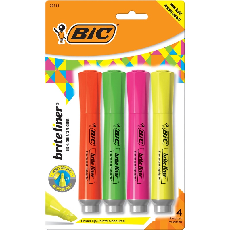 BIC Brite Liner Grip XL Highlighters, Assorted, 4 Pack – BICBLMGP41ASST