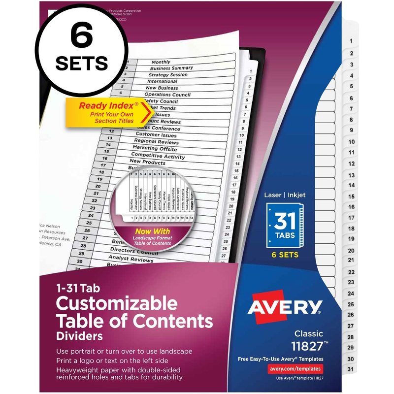 Avery 1-31 Custom Table of Contents Dividers – AVE11827
