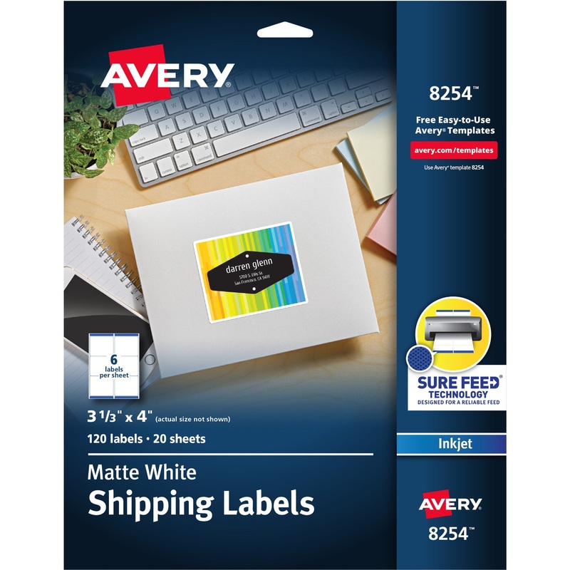 Avery White Shipping Labels, Sure Feed(R), 3-1/3 x 4 , 120 Labels (8254) – AVE8254