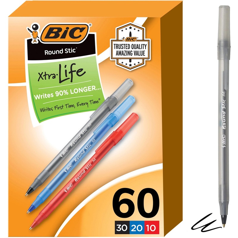 BIC Round Stic Xtra Life Ball Point Pen, Assorted, 60 Pack – BICGSM609AST