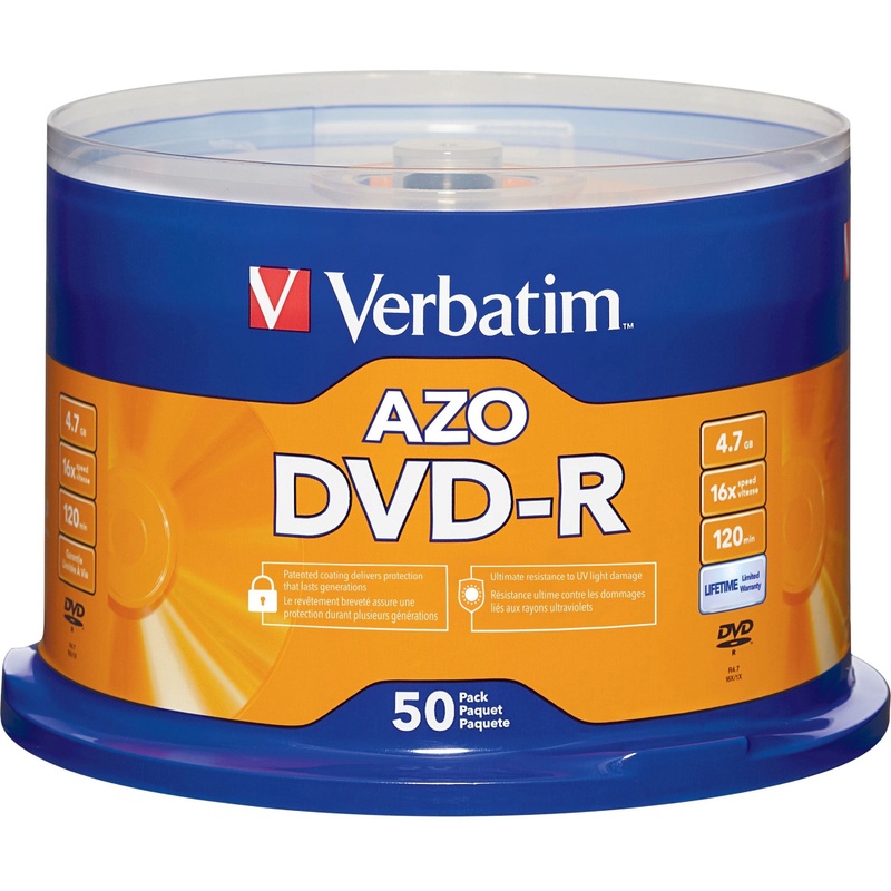 Verbatim AZO DVD-R 4.7GB 16X with Branded Surface – 50pk Spindle – VER95101