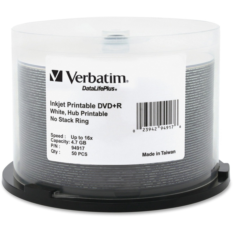 Verbatim DVD+R 4.7GB 16X DataLifePlus White Inkjet Printable, Hub Printable – 50pk Spindle – VER94917