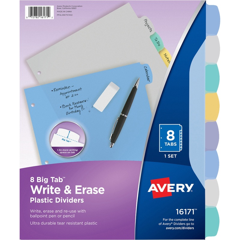 Avery Big Tab Write & Erase Durable Plastic Dividers, 8 Multicolor Tabs, 1 Set – AVE16171