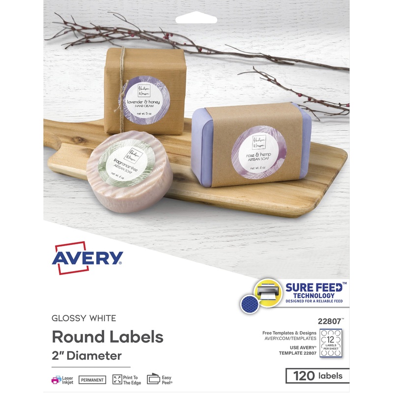 Avery Glossy White Printable Round Labels with Sure Feed Technology – AVE22807