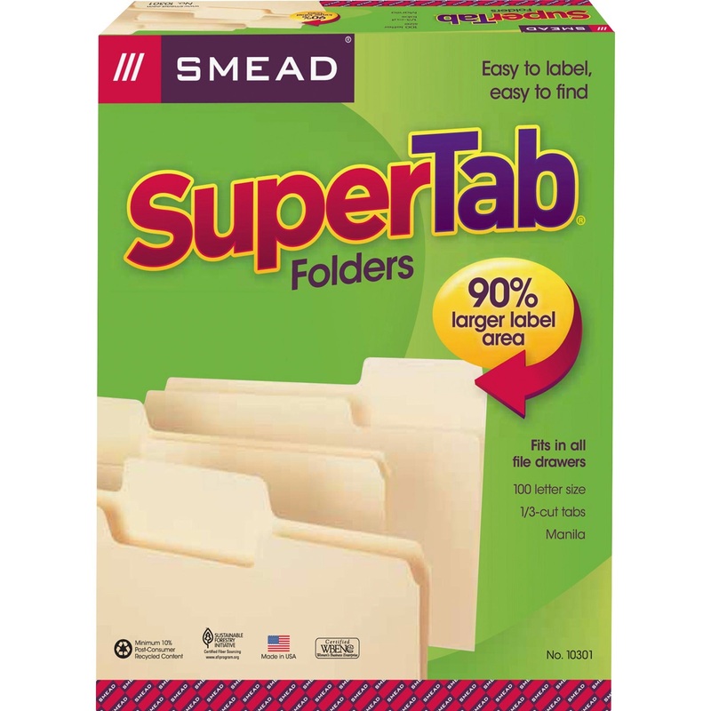 Smead SuperTab 1/3 Tab Cut Letter Recycled Top Tab File Folder – SMD10301