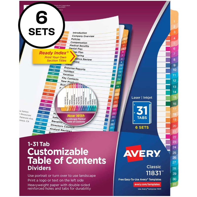 Avery Ready Index 31 Tab Dividers, Customizable TOC, 6 Sets – AVE11831