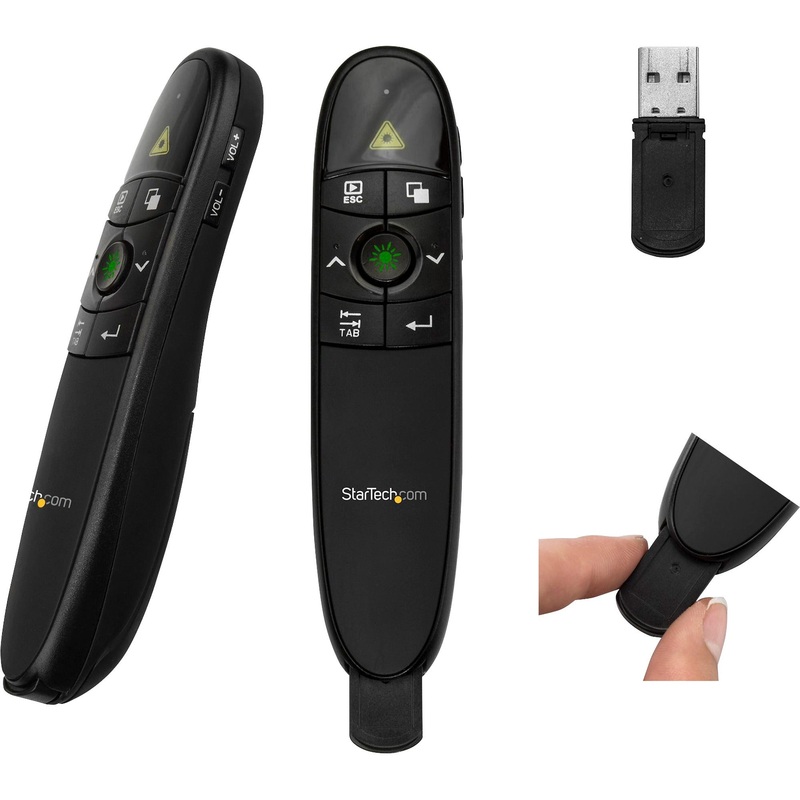 StarTech.com Wireless Presentation Remote with Green Laser Pointer – 90 ft. (27 m) – USB Presentation Clicker for Mac and Windows – Batteries Included – Wireless Slideshow and Volume Controls – STCPRESREMOTEG