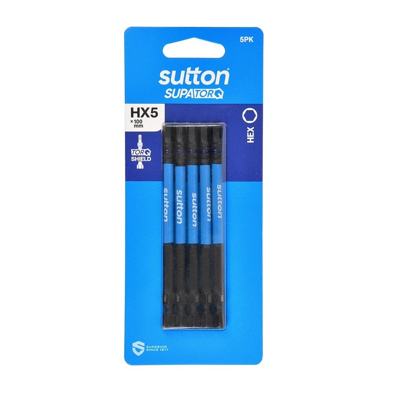 SUTTON HX5 X 100MM SUPATORQ HEX SCREWDRIVER BIT – 5 PIECE S206H05E05