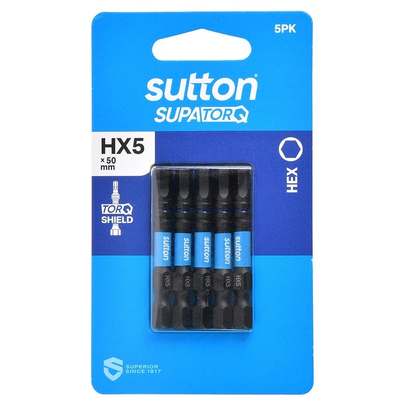 SUTTON HX5 X 50MM SUPATORQ HEX SCREWDRIVER BIT – 5 PIECE S206H05B05