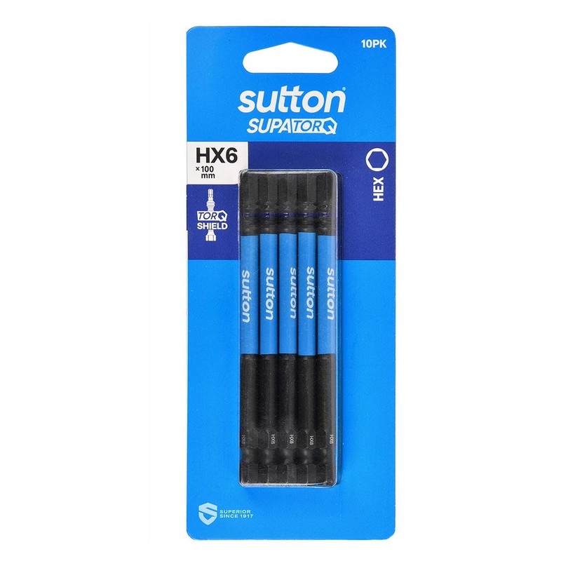 SUTTON HX6 X 100MM SUPATORQ HEX SCREWDRIVER BIT – 10 PIECE S206H10E06