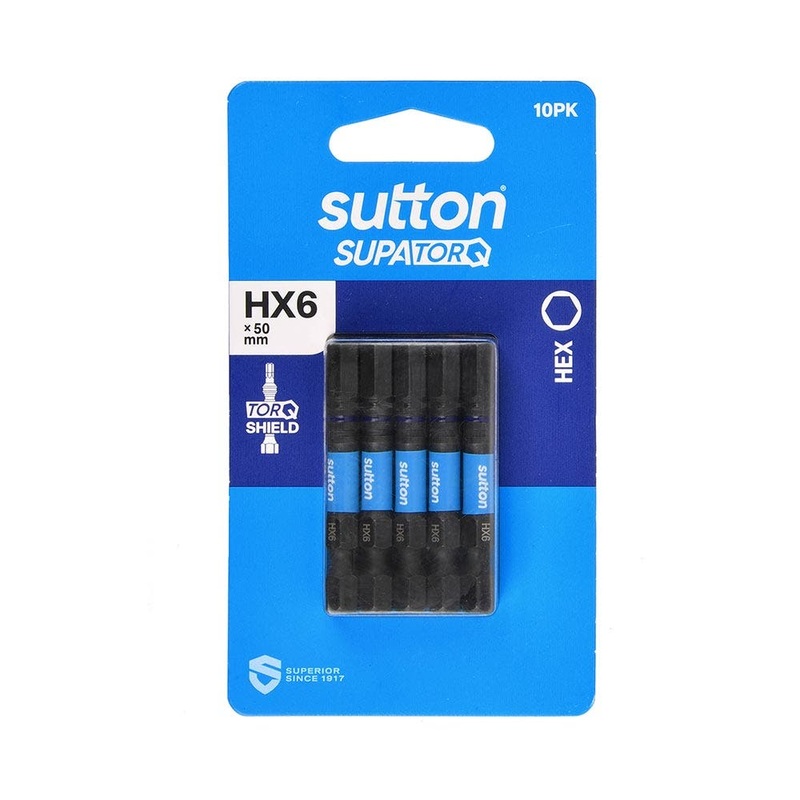 SUTTON HX6 X 50MM SUPATORQ HEX SCREWDRIVER BIT – 10 PIECE S206H10B06