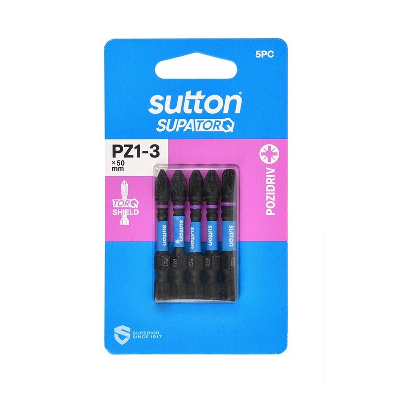 SUTTON PZ1-3 X 50MM SUPATORQ POZIDRIVE SCREWDRIVER BIT – 5 PIECE S202S05B03