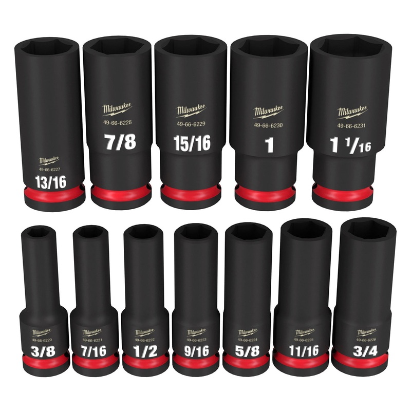 Milwaukee Shockwave 1/2 Drive 12 Piece SAE Deep 6 Point Impact Socket Set 49667011