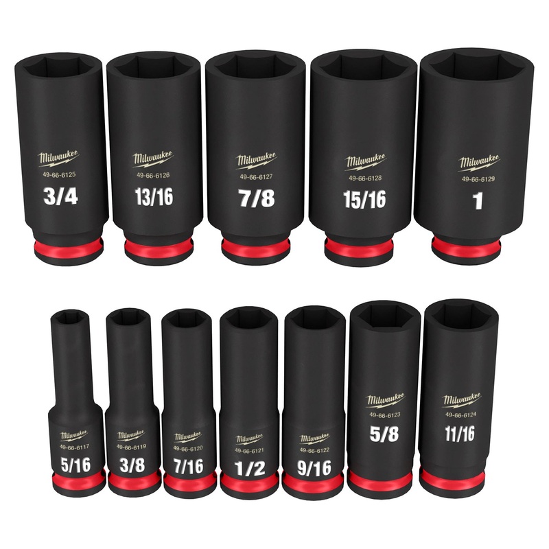 Milwaukee Shockwave 3/8 Drive 12 Piece SAE Deep 6 Point Impact Socket Set 49667006