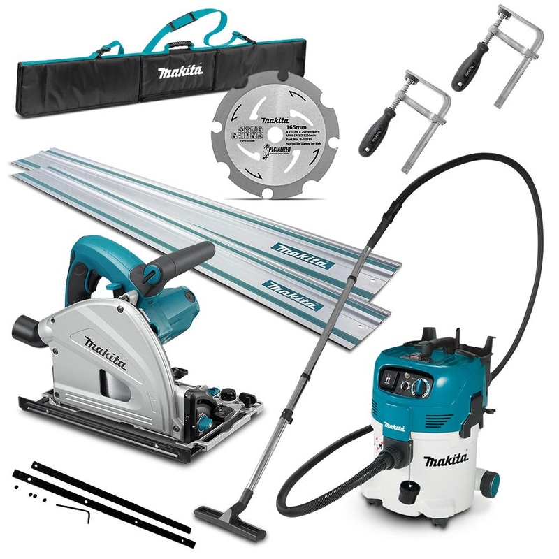 Makita SP6000JT2X-VC30MX1 1300W 165mm (7) Plunge Cut Circular Track Saw & 1200W 30L M-Class Wet & Dry Vacuum Cleaner Dust Extractor Combo Kit