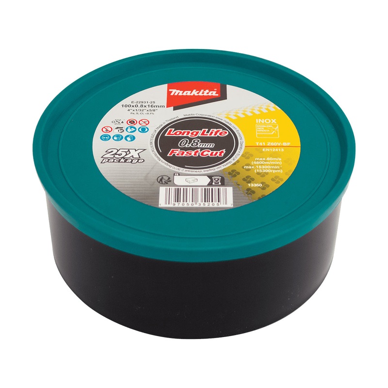 Makita 100Mm X 0.8Mm X 16Mm Ultra Thin Inox Cutting Disc Z60V – 25Pk Tub E-22931-25
