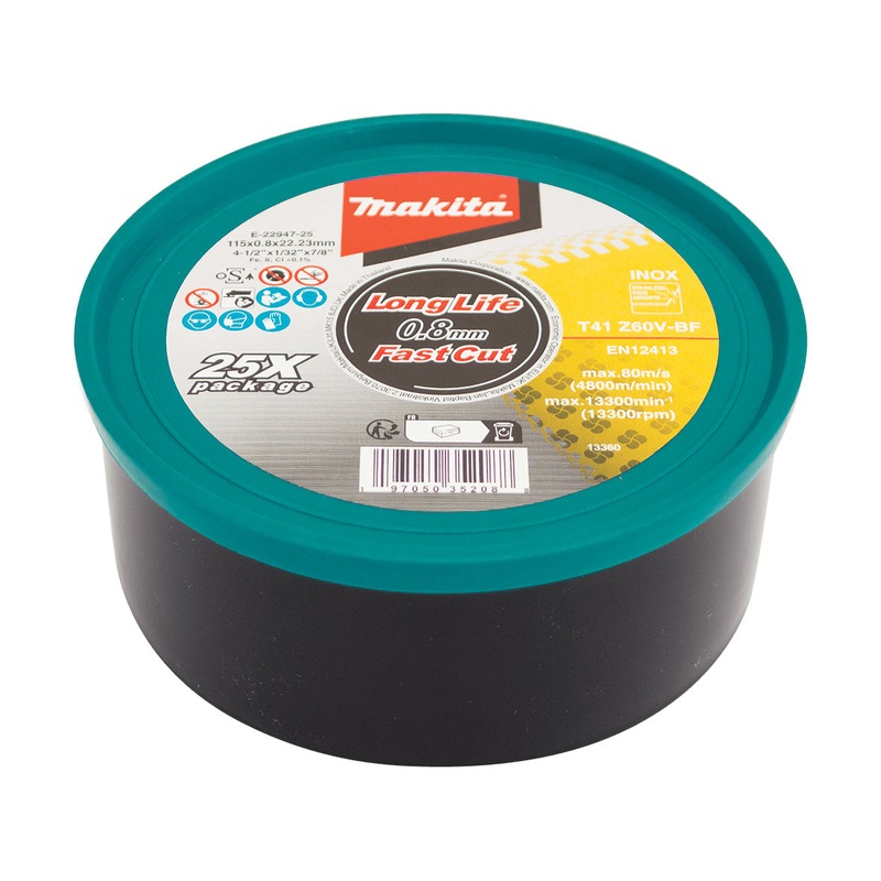 Makita 115Mm X 0.8Mm X 22Mm Ultra Thin Inox Cutting Disc Z60V – 25Pk Tub E-22947-25