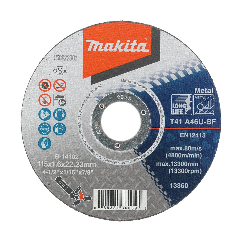 Makita 115Mm X 1.6Mm X 22Mm – Metal Cutting Disc Long Life A46U – 10Pk  B-14102-10