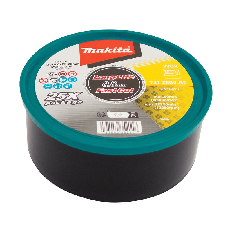 Makita 125Mm X 0.8Mm X 22Mm Ultra Thin Inox Cutting Disc Z60V – 25Pk Tub E-22953-25
