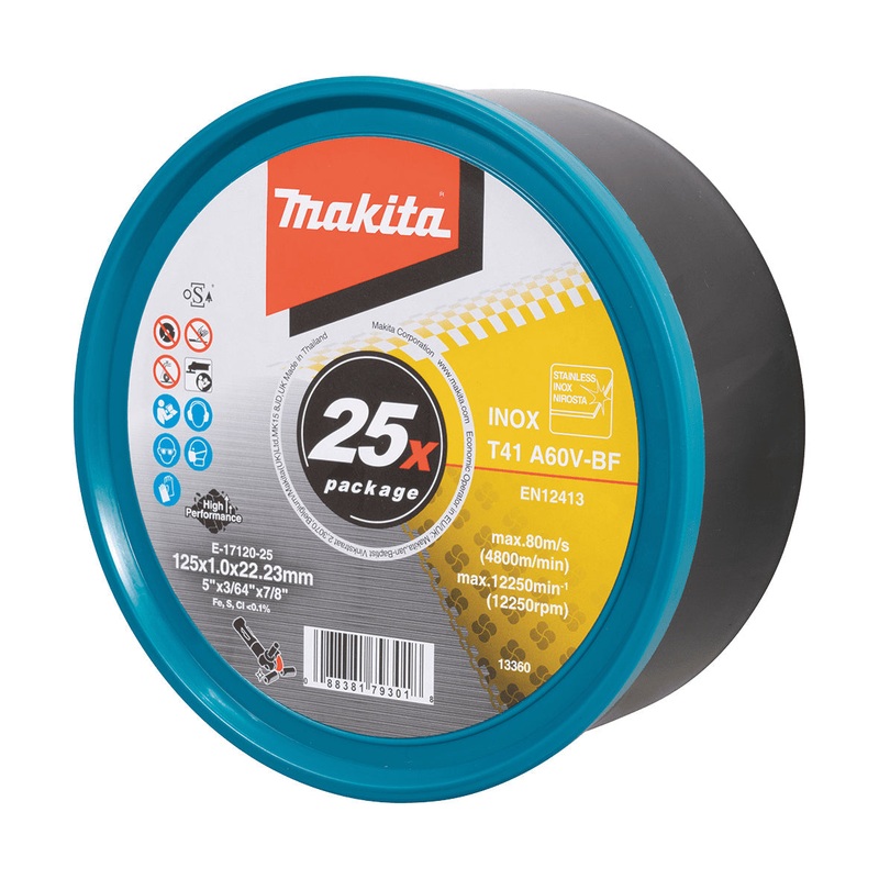Makita 125Mm X 1Mm X 22Mm Long Life Inox Cutting Disc A60V – 25Pk Tub E-17120-25