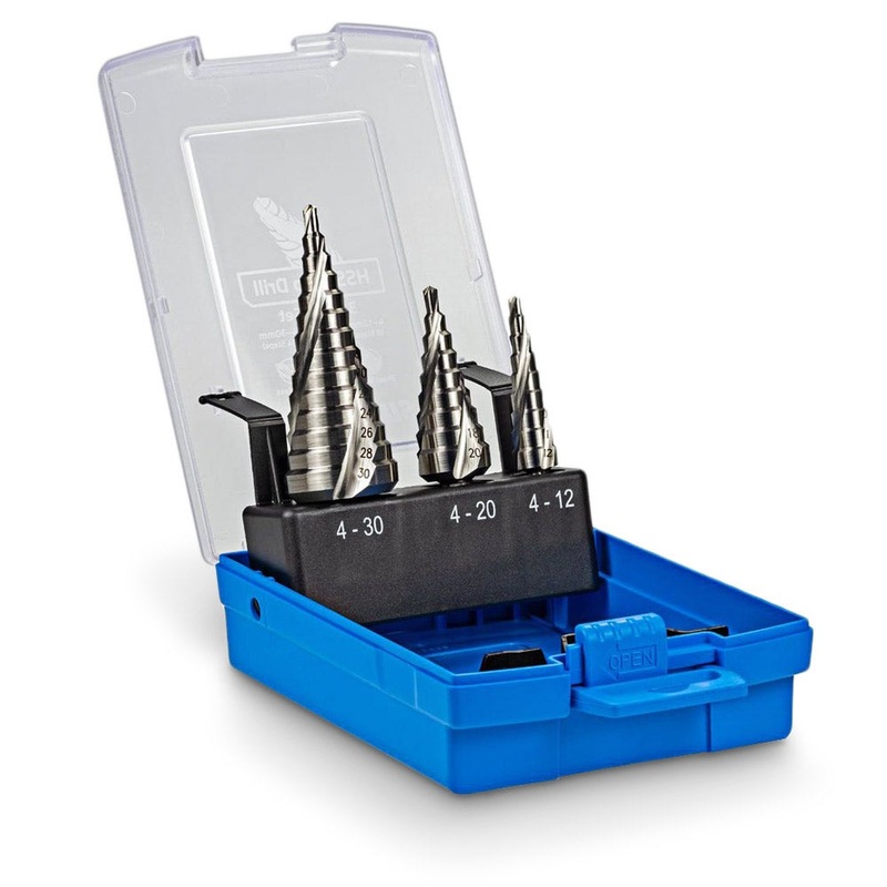 SUTTON 4-12MM, 4-20MM, 4-30MM HSS SPIRAL STEP DRILL SET – 3 PIECE