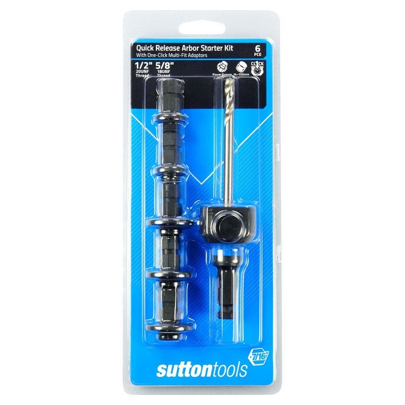 SUTTON QUICK RELEASE HOLESAW ARBOR, HSS PILOT DRILL & ADAPTOR STARTER SET – 6 PIECE