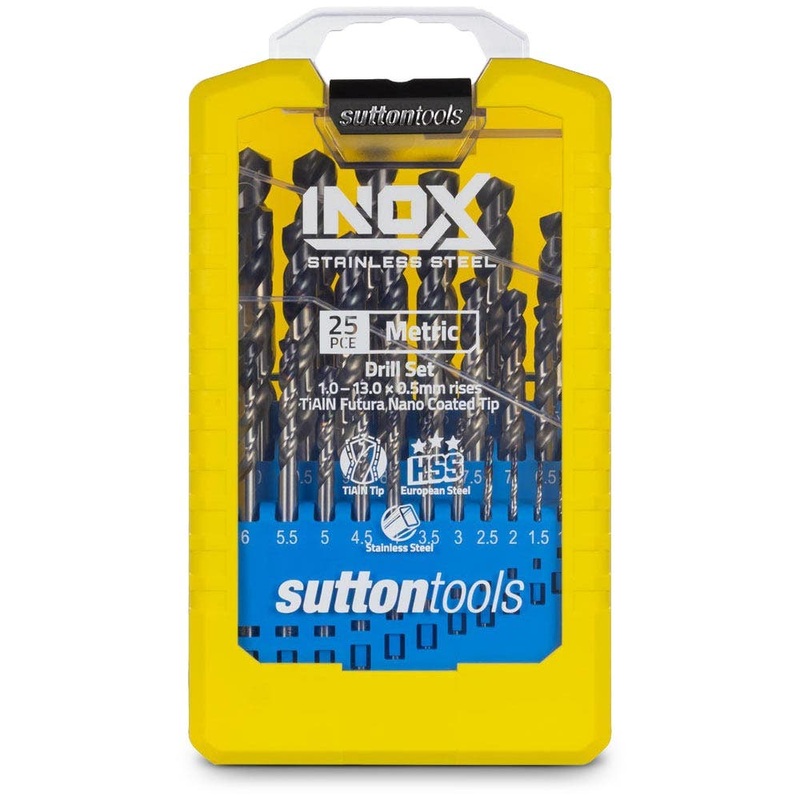SUTTON 1-13MM METRIC HSS-TIALN JOBBER DRILL BIT SET FOR STAINLESS STEEL – INOX – 25 PIECE