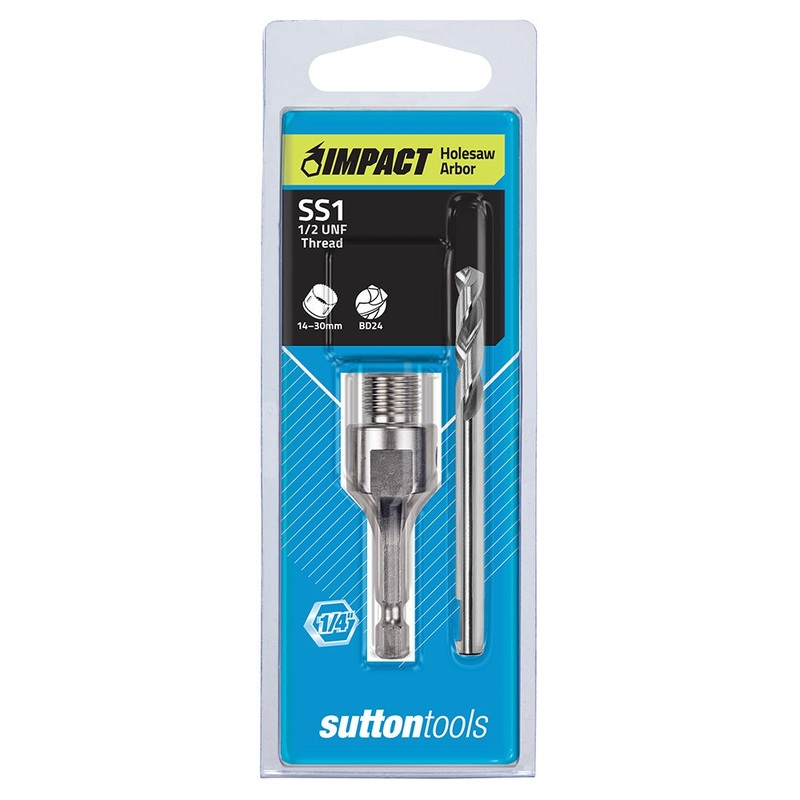 SUTTON 1/4-HEX SHANK HOLESAW ARBOR W. HSS PILOT BIT – SUITS 14-30MM HOLESAWS