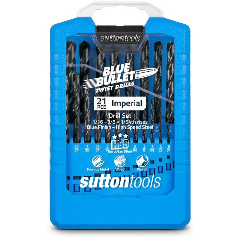 SUTTON 1/16-3/8INCH IMPERIAL HSS-BLUE JOBBER DRILL BIT SET – BLUE BULLET – 21 PIECE D102S2